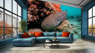 Moray eel among colorful coral in clear blue ocean Wall mural