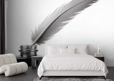 Quill and inkwell, feather and ink on a white background Wall mural