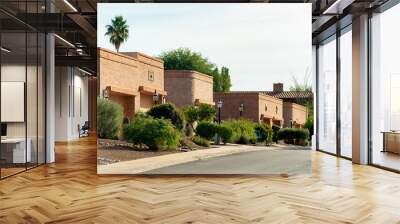 Row of desert style houses and homes in the late evening sunlight with flat roofs in adobe style in arizona Wall mural