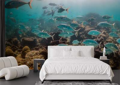 Schooling fish swimming among colorful coral reef Wall mural