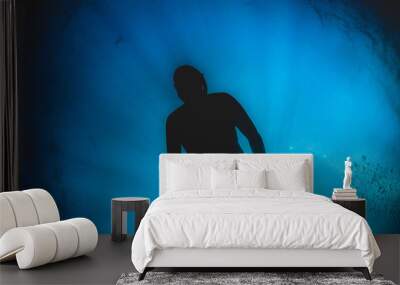 Silhouette of a free diver swimming down into the blue water Wall mural