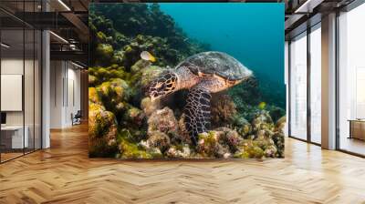 Turtle swimming among colorful coral reef in the wild Wall mural