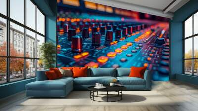 A close up of a sound board with many knobs and buttons. Scene is energetic and creative, as it is a representation of a recording studio or music production area Wall mural