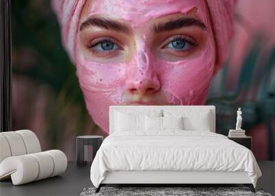 A woman with a pink face mask on Wall mural