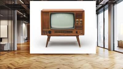 A wooden television set with a black screen. The television is old and has a vintage look. The wooden frame gives it a rustic feel Wall mural