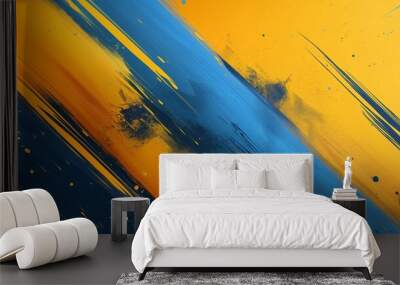 A yellow and blue painting with splatters of paint. The painting has a lot of texture and he is abstract. The colors are bright and bold, giving the painting a lively and energetic feel Wall mural