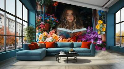 A young girl sits in a garden window, immersed in a book as vibrant flowers in shades of orange, purple, and blue frame her serene expression on a bright afternoon. Wall mural