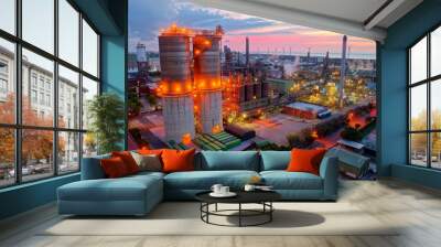 Aerial view of illuminated factories in a petrochemical industrial estate at dusk and a row of wind turbines along the seashore under beautiful sunset sky, in Guanyin Industrial Park, Taoyuan, Taiwan Wall mural