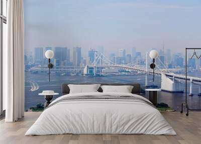 Urban skyline of Tokyo City on a hazy day ( polluted air of high PM 2.5 level), with view of the famous Rainbow Bridge across Bay Area & landmark Tokyo Tower among Skyscrapers in Downtown Tokyo, Japan Wall mural