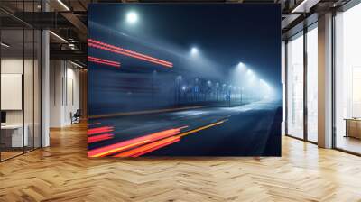 An empty highway in a fog at night. Street Lights close-up, motion blur effect, long exposure. Dark urban scene, cityscape. Riga, Latvia. Dangerous driving, speed, freedom, concept image Wall mural