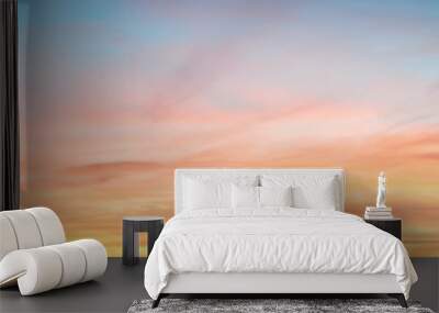 Clear blue sky. glowing pink and golden cirrus and cumulus clouds after storm, soft sunlight. Dramatic sunset cloudscape. Meteorology, heaven, peace, graphic resources, picturesque panoramic scenery Wall mural