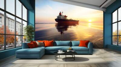 Large cargo ship sailing in an open sea. Golden sunset light, cloudscape. Freight transportation, nautical vessel, logistics, global communications, economy, business, industry, worldwide shipping Wall mural