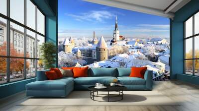 panoramic aerial view of the old town of tallinn, estonia. st. olaf's church, fortress towers, snow- Wall mural