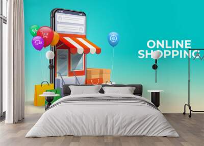 Online Shopping 3D Mobile Application smartphone Concept of Vector Marketing and Digital Marketing promotion of online stores. with isometric shopping bag and balloons. Delivery, chat, 24 hours icons Wall mural