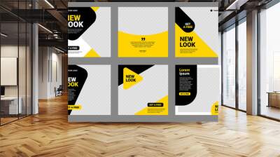 set of editable minimal square banner template. black and yellow background color with stripe line s Wall mural