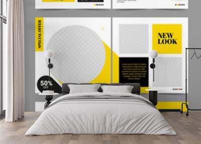 Set of Editable minimal square banner template. Black and yellow background color with stripe line shape. Suitable for social media post and web internet ads. Vector illustration with photo college Wall mural