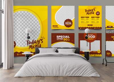 Set of Editable square banners. Food instagram post template design. Suitable for Social Media Post Restaurant and culinary Promotion. Red and yellow background color with stripe line shape vector.  Wall mural