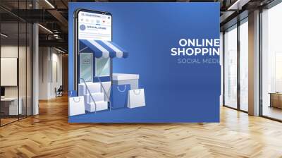 the concept of online shopping on social media app. 3d Smartphone with shopping bag, chat message, delivery, 24 hours, and like icon. suitable for promotion of digital stores, web and ad. illustration Wall mural