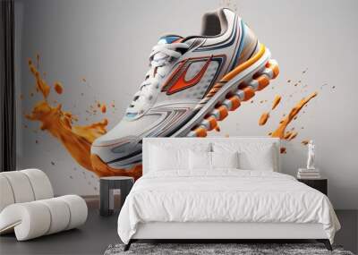 A colorful orange and white sneaker shoes suspended on white background with splashing colors Wall mural