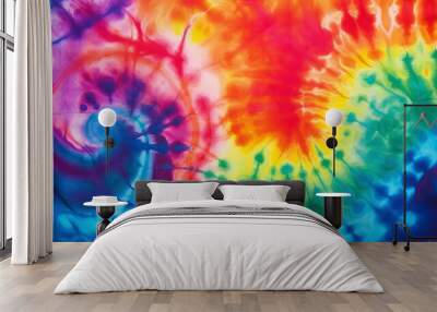 Vibrant tie-dye pattern featuring a kaleidoscope of swirling colors including red, blue, green, and yellow, creating a psychedelic and energetic visual effect. Wall mural