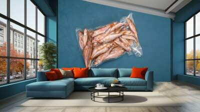 Frozen fish Red mullet (Goatfish) in plastic bag on blue background with copy space. Top view. Mullus barbatus found in Mediterranean Sea, Black Sea and eastern North Atlantic Ocean Wall mural