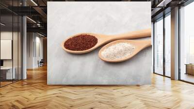 Ragi or Nachni, also known as finger millet and ragi coarse flour in wooden spoons on grey background Wall mural