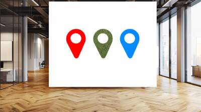 Three geo locate symbols on white background. Design element. Artificial green grass. Red and blue color. Empty space Wall mural