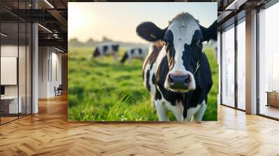 a group of black white cow in the green grass field Wall mural