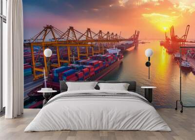 Large container ship in port with sunset view Wall mural