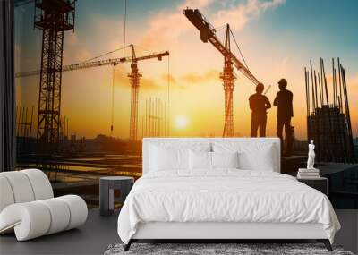 two foreman construction look crane with sunset view Wall mural