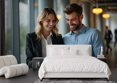 Business colleagues sharing a laugh over a tablet. Male executive and young female employee Wall mural