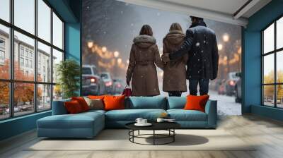 rear view of a couple in winter coats on a street decorated with Christmas lights as heavy snow falls Wall mural