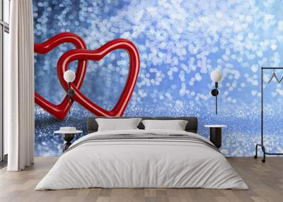 Valentines Day Incoming - Two Red Hearts On Shiny Background Wall mural