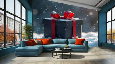 Christmas Black Gift Box Tied with Red Ribbon, Resting in Snow Wall mural