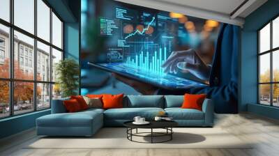 Financial Data Visualized: Professional Reviewing Market Trends on a Tablet Wall mural