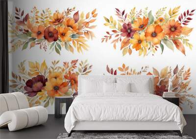 Watercolor Autumn Flowers with Fall Leaves: Botanical Art on White Wall mural