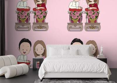 Thai wedding cartoon in blessed water traditional ceremony Wall mural