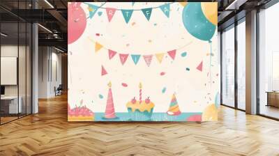 A cheerful pastel colored birthday celebration with balloons and cake Wall mural