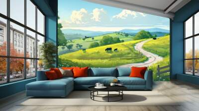 A serene country road meandering through a vibrant green landscape under a clear blue sky Wall mural