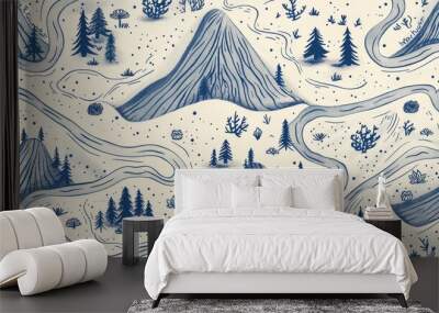 A tranquil intricate line drawn landscape with mountains trees and winding rivers Wall mural