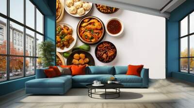 Authentic Chinese Food Platter from Above on Crisp White Background in High Definition 8K Resolution Wall mural