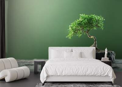 Bonsai Tree on Rock with Green Background Wall mural