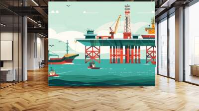 Busy offshore oil rig with support vessels at sea Wall mural