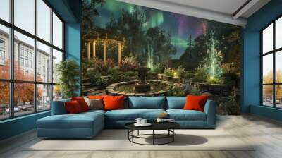 Enchanted garden under a magical aurora lit sky Wall mural