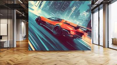 Futuristic Sports Car Driving Through City at Night Wall mural