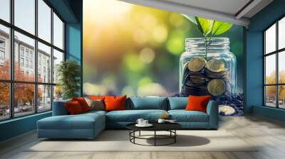 Growing Money Plant With Coins In Glass Jar On Soil Wall mural