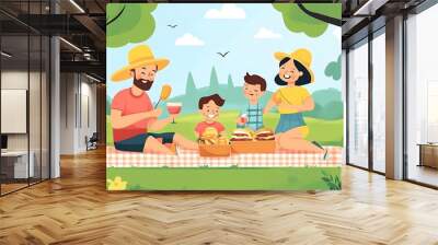 Happy Family Picnic in the Park with Food and Drinks Wall mural