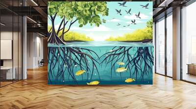 Mangrove Forest  Tropical Trees with Underwater Roots and Fish Wall mural