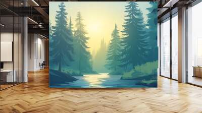 Misty Forest River Landscape with Pine Trees at Sunset Wall mural