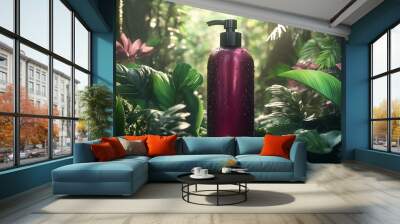 Organic Shampoo Bottle in Tropical Jungle with Green Leaves and Flowers Wall mural